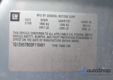 2009 Chevrolet Malibu Lt z USA, uszkodzony, nr VIN 1G1ZH57B69F118481